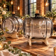 Dwie popielate beczki szklane 4 l na rustykalnym barze podczas wesela loftowego