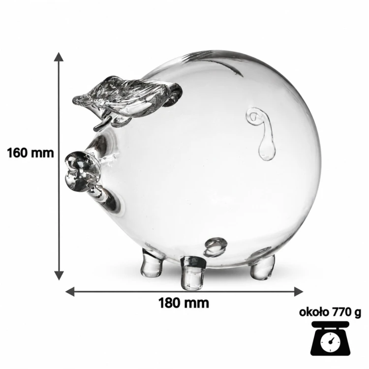 Wymiary szklanej świnki skarbonki 16 cm bezbarwna – wysokość 160 mm, długość 180 mm, waga ok. 770 g