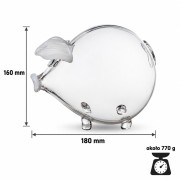 Wymiary szklanej świnki skarbonki 16 cm z białymi uszami – wysokość 160 mm, długość 180 mm, waga ok. 770 g