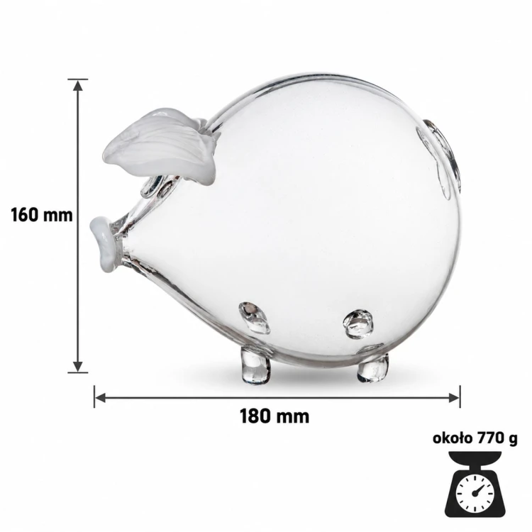 Wymiary szklanej świnki skarbonki 16 cm z białymi uszami – wysokość 160 mm, długość 180 mm, waga ok. 770 g