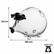 Wymiary szklanej świnki skarbonki 16 cm z czarnymi uszami – wysokość 160 mm, długość 180 mm, waga ok. 770 g