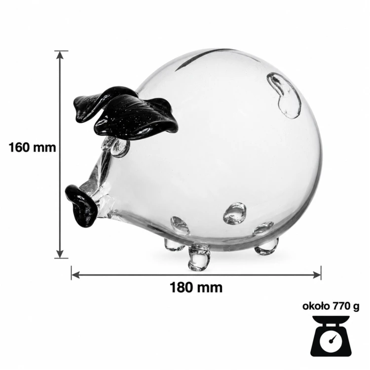 Wymiary szklanej świnki skarbonki 16 cm z czarnymi uszami – wysokość 160 mm, długość 180 mm, waga ok. 770 g