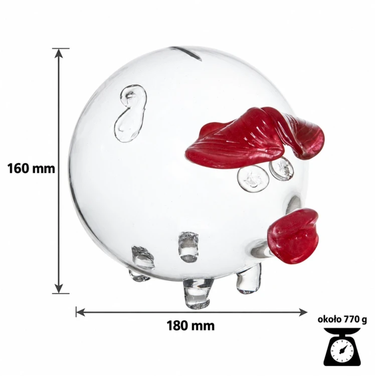 Wymiary szklanej świnki skarbonki 16 cm z czerwonymi uszami – wysokość 160 mm, długość 180 mm, waga ok. 770 g