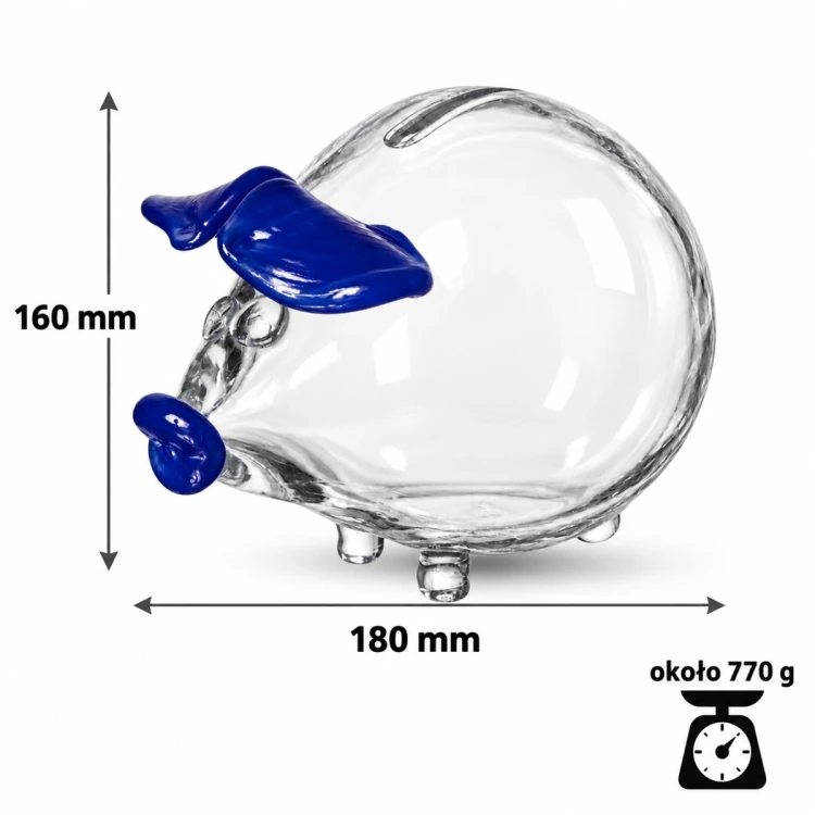 Wymiary szklanej świnki skarbonki 16 cm z niebieskimi uszami – wysokość 160 mm, długość 180 mm, waga ok. 770 g