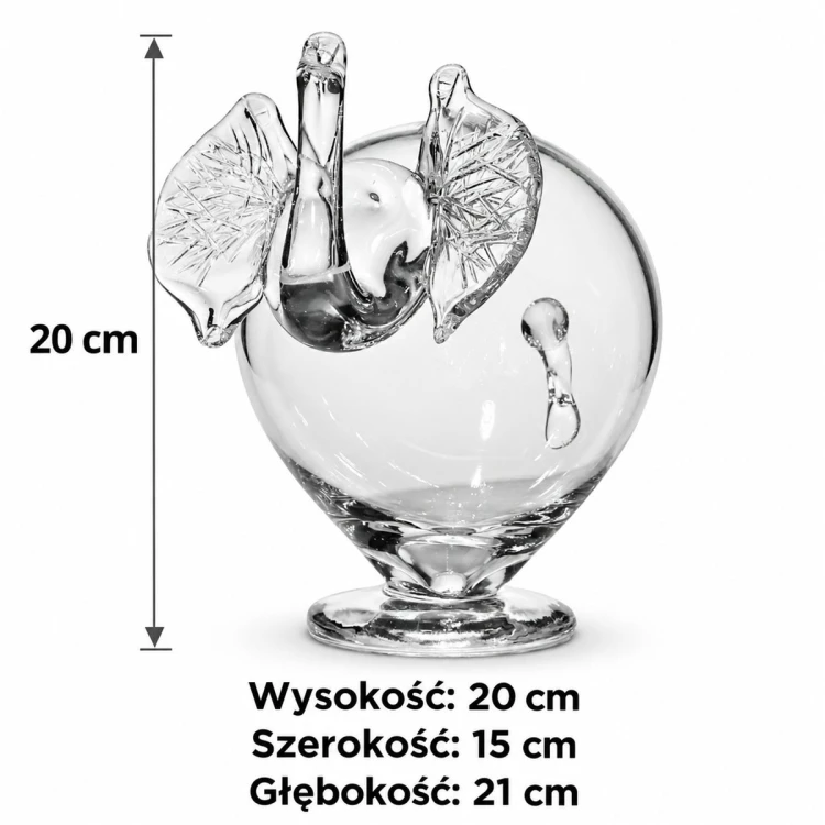 Wymiary szklanej skarbonki słonia: wysokość 20 cm, szerokość 15 cm, głębokość 21 cm.