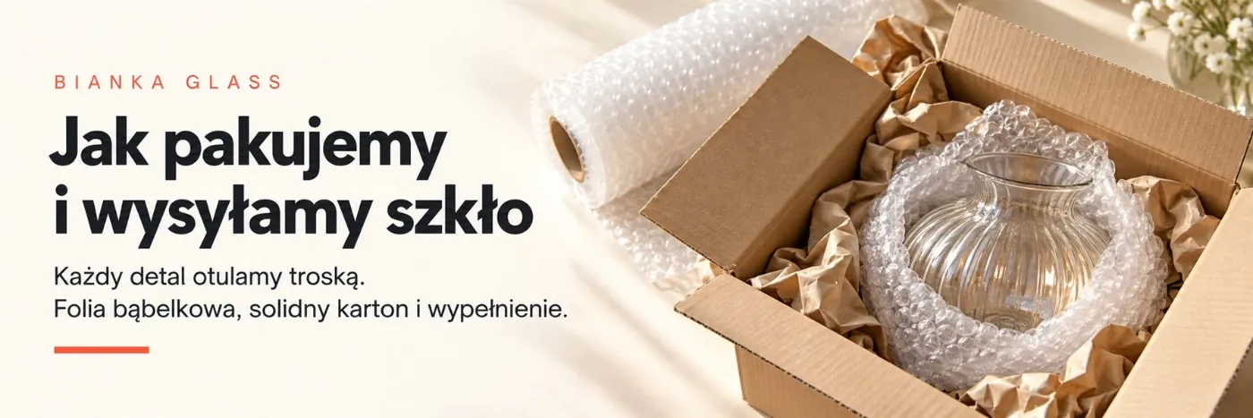 Jak pakujemy i wysyłamy szkło w Bianka Glass – szklany wazon zabezpieczony folią bąbelkową w kartonie z papierowym wypełnieniem.